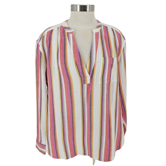GAP Popover Shirt Multicolor Stripe Gauze Long Sleeve VNeck Relaxed Beach Top XL - Picture 1 of 8